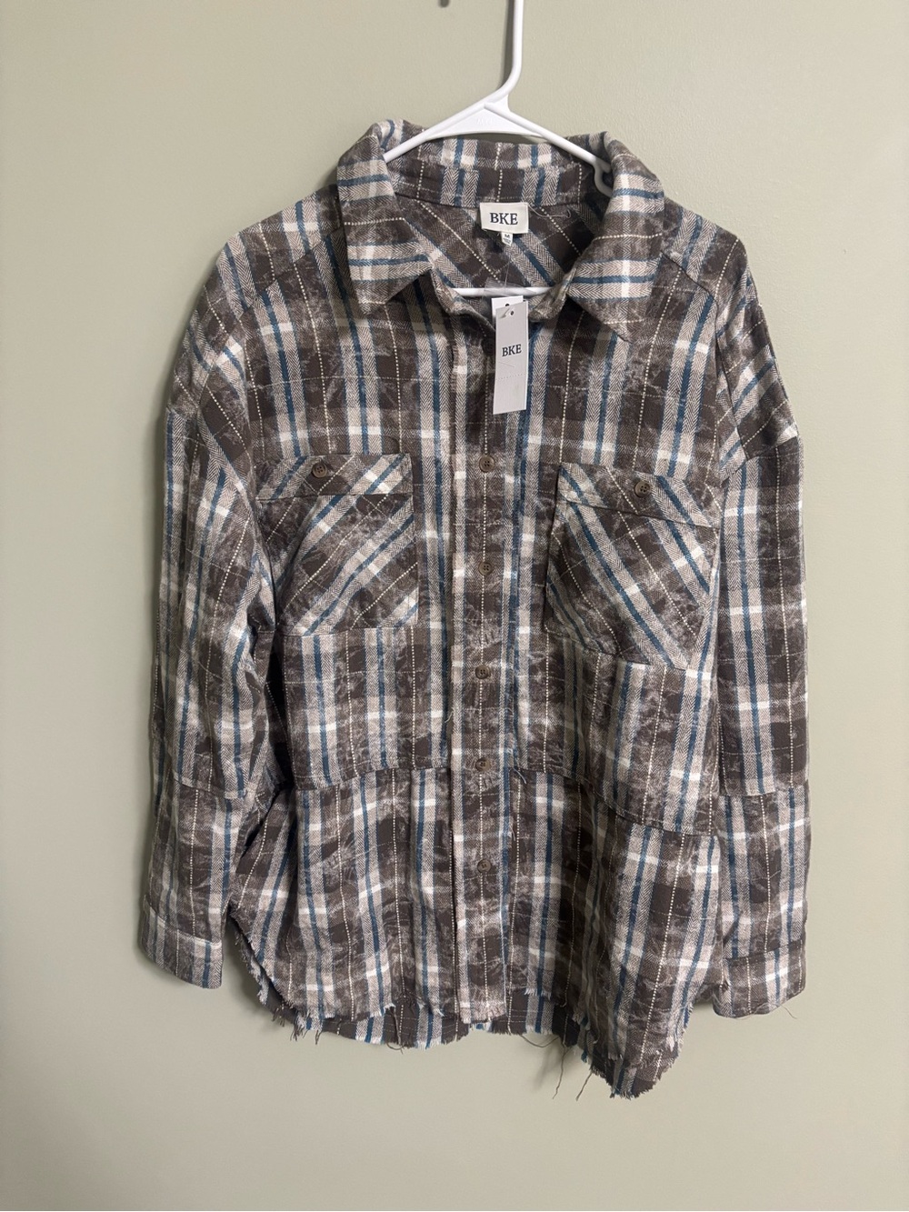 BKE Oversized Plaid Long Sleeve Shirt Medium Brown Blue Frayed Raw Edge Grunge